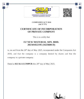 Certificate of Incorporation — FZ New Material Sdn Bhd, SSM 202501022195 (1623608-D)
